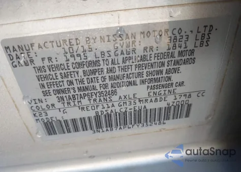 2015 Nissan Sentra S z USA, uszkodzony, nr VIN 3N1AB7AP6FY352486